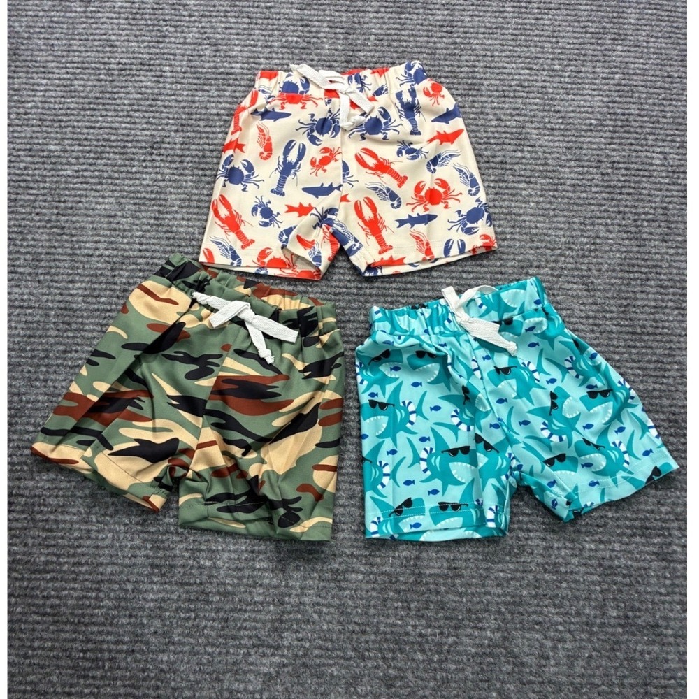 Toddler Shorts Swim Trunks 3 PK Camo Sharks Sea Life Prints 6-12M Summer Casual